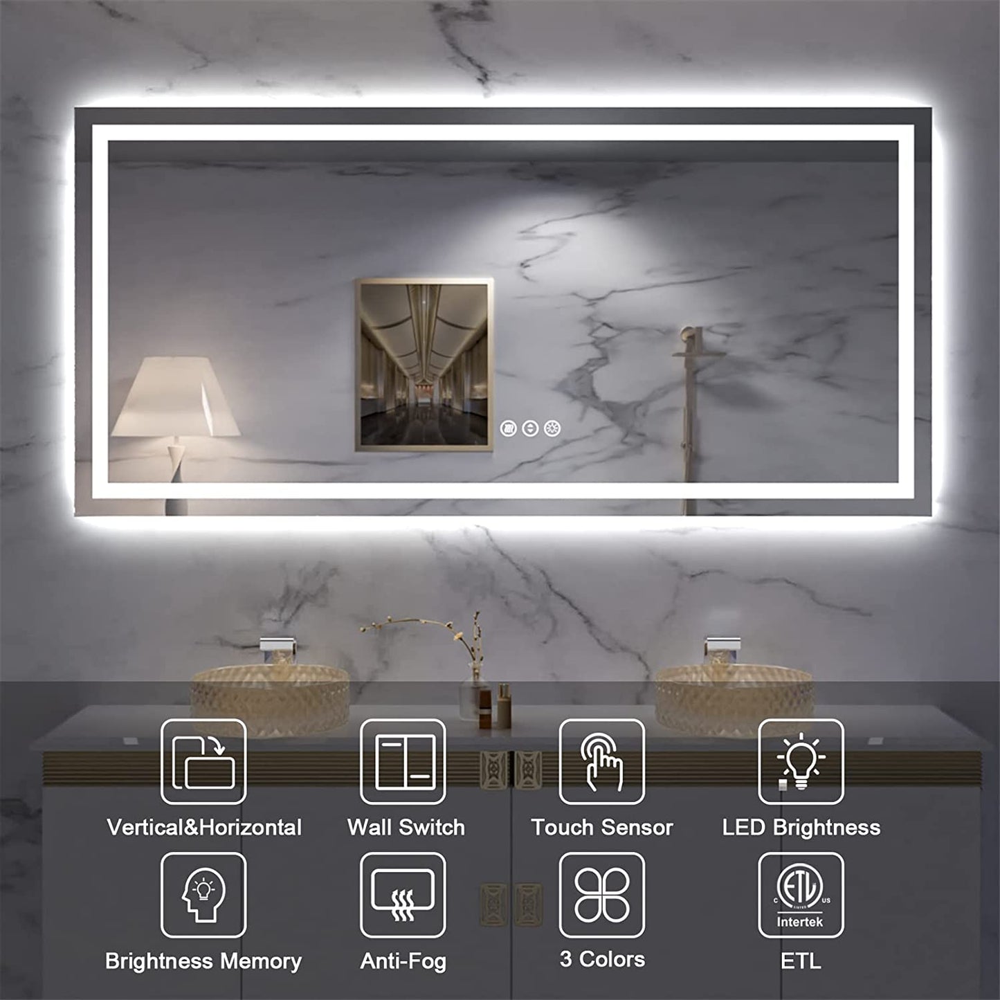 60X28 LED Mirror for Bathroom, Large Vanity Mirrors for Wall, Dimmable Anti-Fog Mirrors with Lights, (Backlit + Front-Lighted)