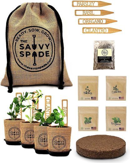 Indoor Herb Garden Starter Kit - Non GMO, Heirloom Herb Seeds - Cilantro, Oregano, Parsley and Basil Seeds for Planting - Gardening Gifts - Made in USA (Herb Garden Starter Kit)