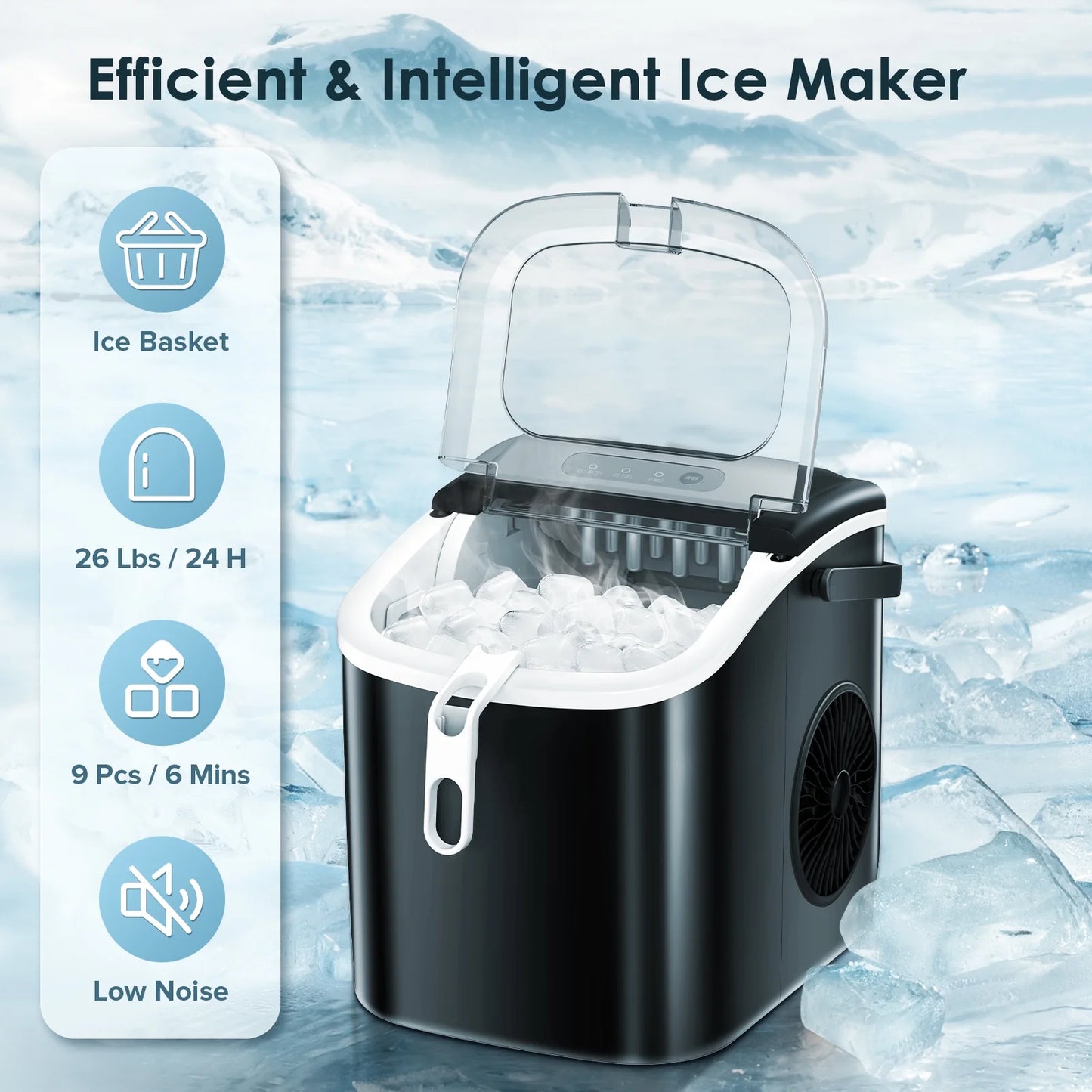 Countertop Ice Maker, Portable Ice Machine with Handle, 26Lbs/24H, 9Pcs/6Mins, One-Click Operation Ice Makers, with Ice Scoop and Basket, for Kitchen/Bar/Party - (Green)