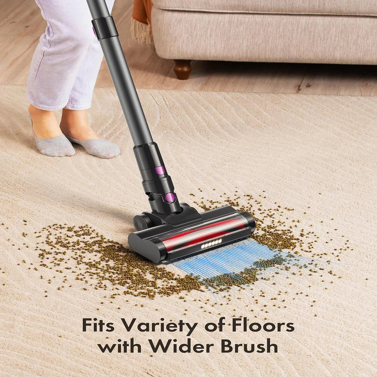 Cordless Vacuum Cleaner, 300W 23Kpa Powerful Suction Vacuum with LED Display, 3 Suction, 48Mins Runtime, Lightweight Stick Cleaner with Sofa Brush for Hard Floor/Carpet/Pet Hair/Car, White