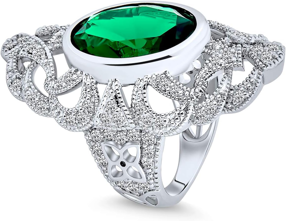 Trendy Statement Filigree Oval AAA Cubic Zirconia Vintage Style Simulated Emerald Green CZ Armor Long Full Finger Ring Silver Plated