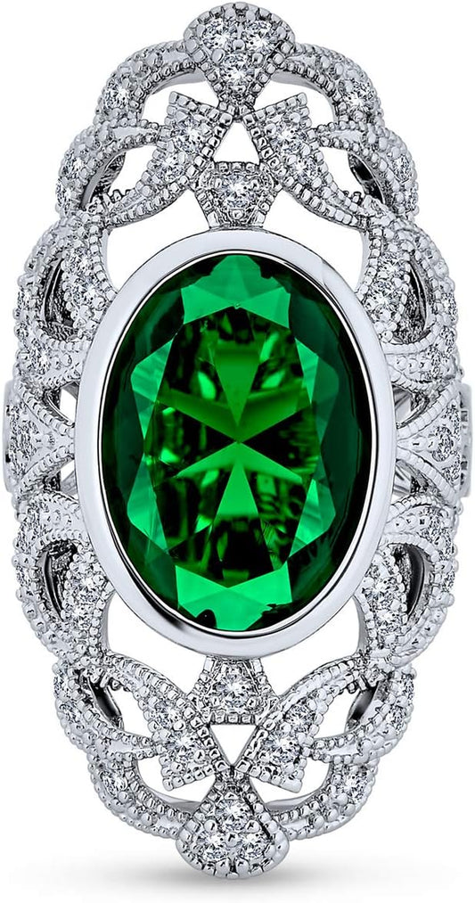 Trendy Statement Filigree Oval AAA Cubic Zirconia Vintage Style Simulated Emerald Green CZ Armor Long Full Finger Ring Silver Plated