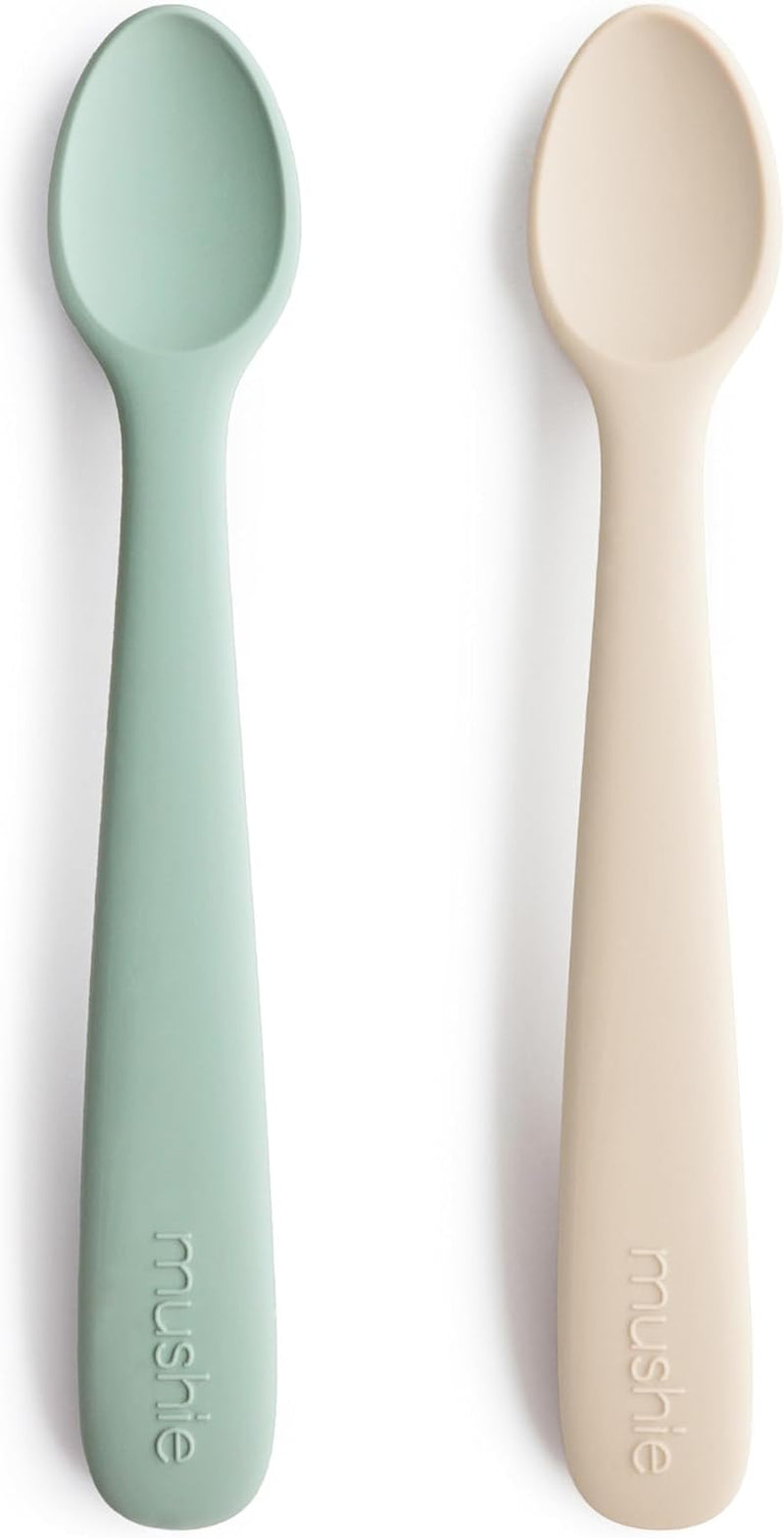 Silicone Baby Feeding Spoons | 2 Pack (Cambridge Blue/Shifting Sand)