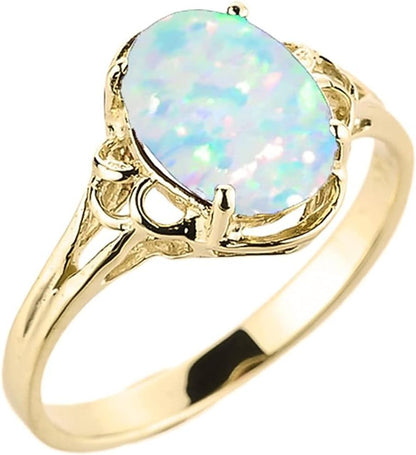 10K Yellow Gold October Birthstone Lab Grown Oval Opal Gemstone Solitaire Ring